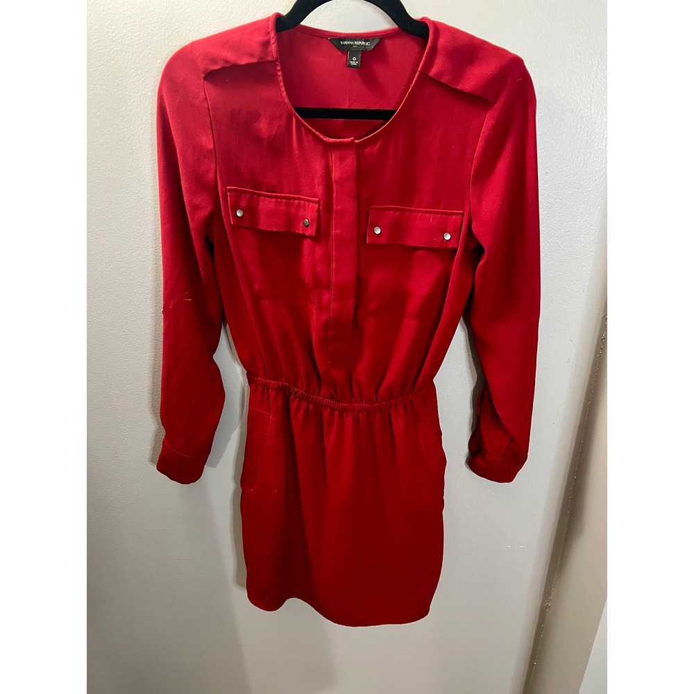 Banana Republic Red Utility Mini Dress Long Sleeve Elastic Waist Tie Belt Size 0